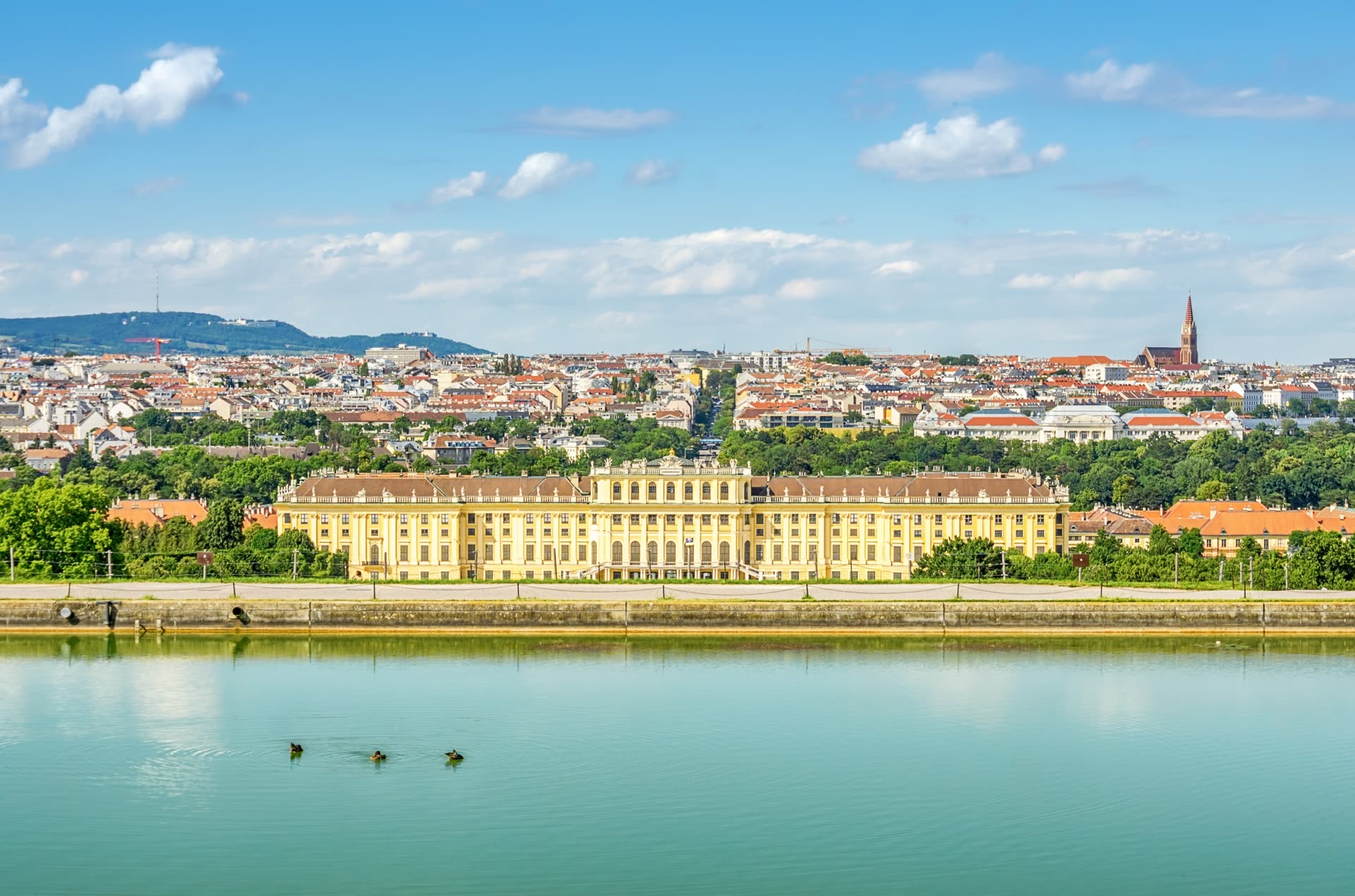 Schloss Schönbrunn with Vienna's skyline behind it. The historic baroque gardens of the Habsburg summer palace, against the modern city.